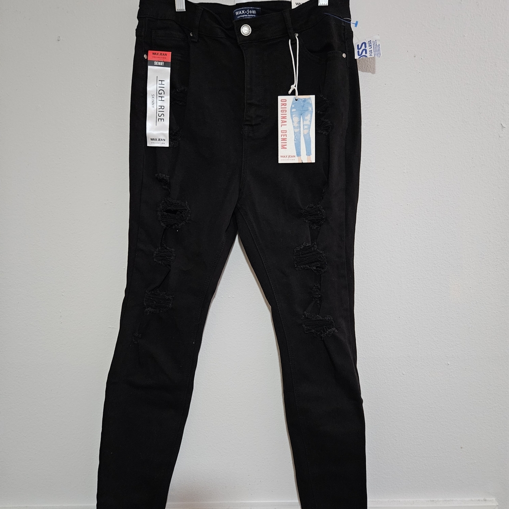 Womens Wax Jean Black Skinny High-Rise Jeans with Subtle Distressing Size 15/32